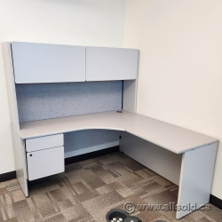 Grey L Suite Corner Desk w/ Pedestal, Overhead Storage